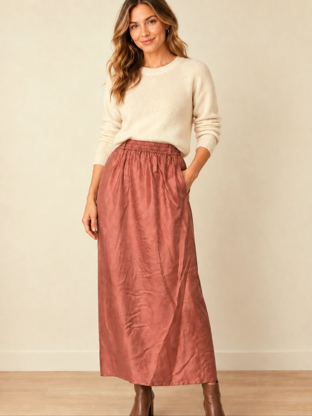 Vintage Jacqueline Ferrar 100% Silk Copper Brown Midi/Maxi Skirt M